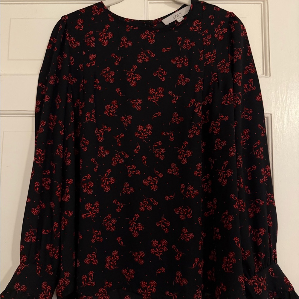 LOFT Black and Red Boxy Long Sleeve Blouse
